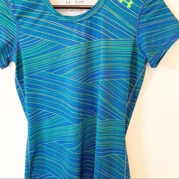 Under Armour Blue Yellow Stripes Fitted Heatgear Round Neck T-shirt - Picture 7 of 8